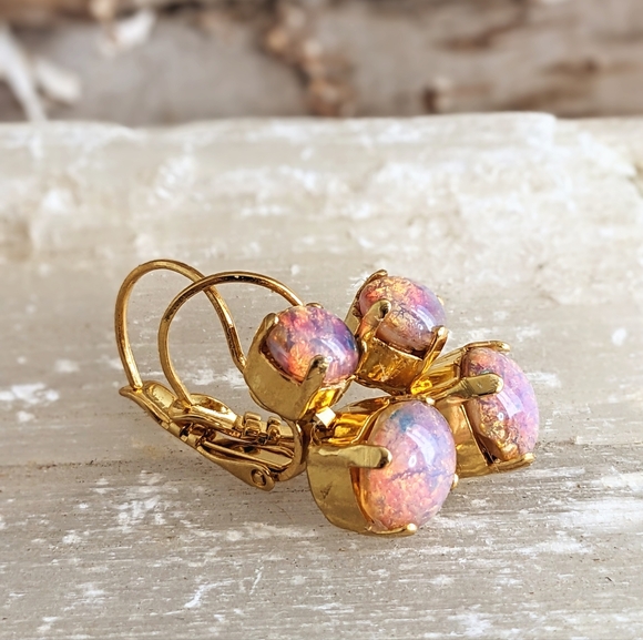 Fiery Pink Fire Opal / Harlequin  In Gold Plated Earrings.. - Picture 5 of 7